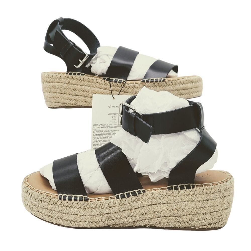 Women's Espadrille Flatform Ankle Strap Sandal Wedge, Faux Leather,‎ Black 7.5 - Picture 7 of 7